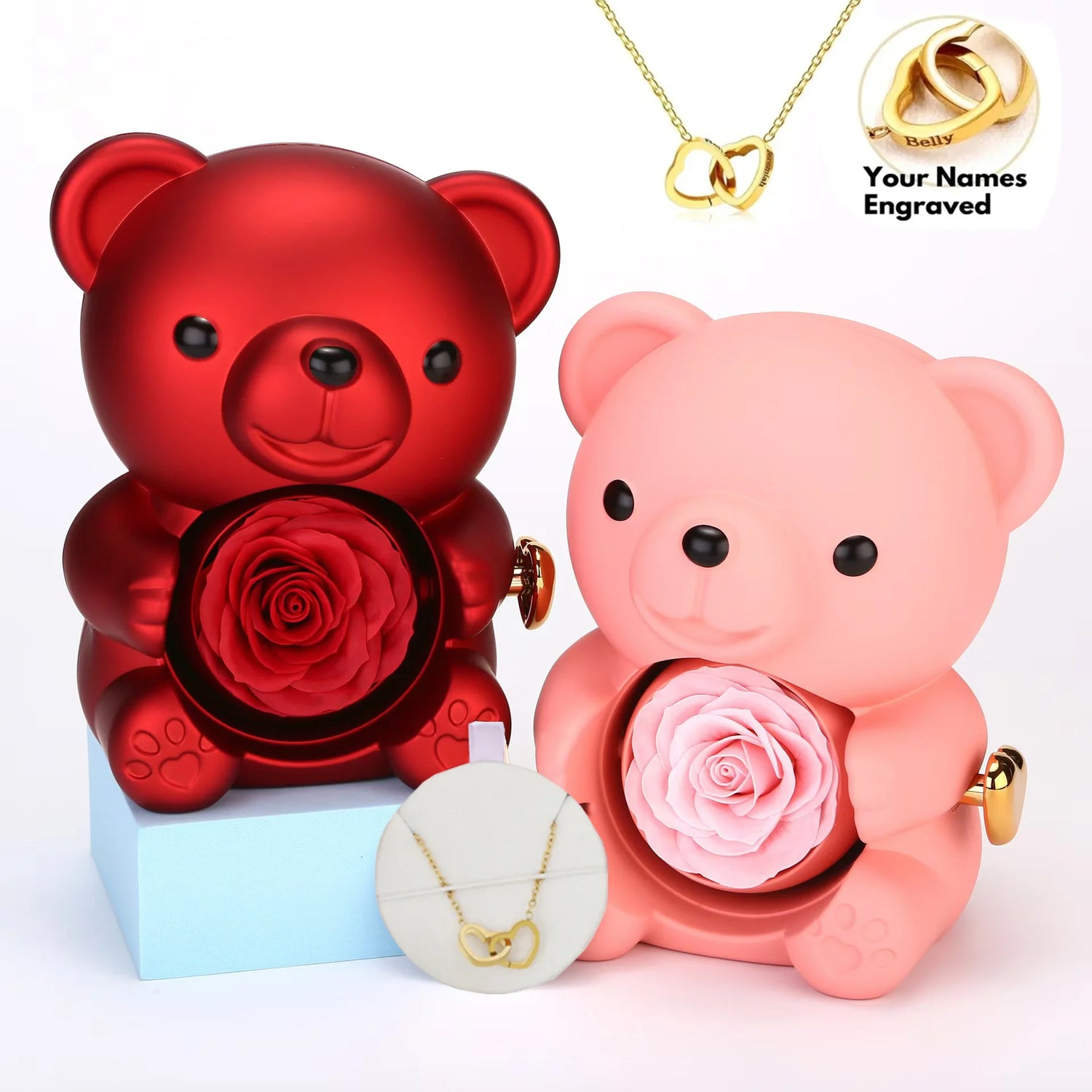 Freddia: Custom Engraved Name Necklace Teddy Bear Eternal Rose Gift Box with Rotate Rose Jewelry Box for Girl Valentines Christmas Gifts